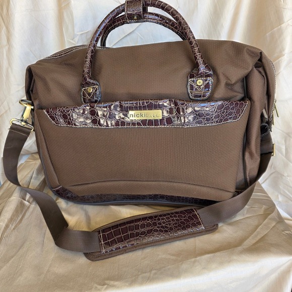 Nicole Miller Handbags - Nicki Nicole Miller‎ Brown Canvas Croc Trim Weekender Bag Travel Duffel